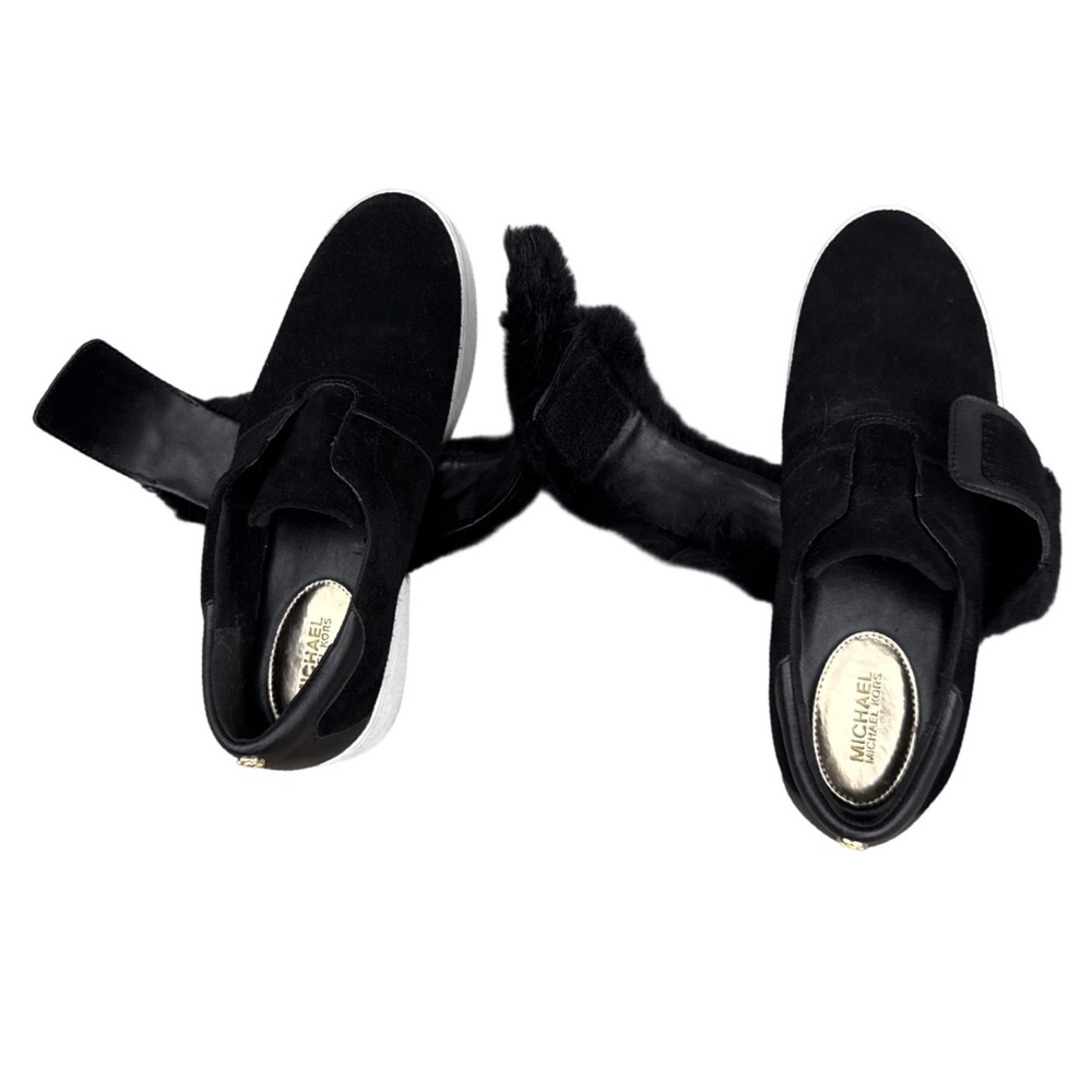 Michael Kors Black Suede Rabbit Fur Trim Slip On Sneakers Gold Logo Women 10M 41 - Picture 5 of 7